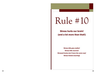 12 41
Rule #10
Stress hurts our brain!
(and a lot more than that!)
Stress kills grey matter!
Stress kills neurons!
Stressed brains don’t learn the same way!
Stress hinders learning!
 