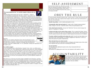 22
Therefore:
“Make sure your students understand exactly what the information you are
teaching means. Conversely, if they do not know what the learning means, do
not expect them to memorize it anyways in the hopes that the meaning will
somehow reveal itself” (Medina 2008, 114-115). (Misnomer: Someday this information will
be useful to you!)
Use real-life examples:
As my son prepared to go to school that day, I inquired: Victor, what’s your Bible memory
verse for today’s test? Like a machine gun, he spewed out the words to me, which incidentally
were correct. Great, son, what does that mean? Can you say that verse to me in your words?
Aghast, Victor turned and said: Oh no Mom, we don’t have to understand it, we just have to
memorize it! It was my turn to be aghast, as I thought to myself: We’re in danger of creating
little Pharisees, who know the word but not the spirit (meaning and application) of the Word.
Oh incidentally, by the time Victor had gotten into the car, he had completely forgotten his
memory verse.
Make liberal use of relevant real-world examples embedded in the information, constantly
peppering main learning points with meaningful experiences. In one experiment they tested
three groups of students, one read a 32-paragraph paper about a fictitious foreign country with
no examples. Group two’s same reading contained one example. Group three’s contained
three examples of the main theme. The results? The greater the number of examples, the more
they remembered (Medina 2008, 115).
The reason behind the rule: Use real-life examples to illustrate the con-
tent!
Working (Short-term) memory has two types: “Declarative”—which in-
volves something you declare like “The grass is green”—and involves con-
scious awareness and “Nondeclarative”—which are those which we are not consciously
aware of like the motor skills necessary to ride a bike. Research has discovered that declara-
tive memory involves four stages of processing: encoding, storage, retrieval and forgetting.
The first stage of encoding happens in the first few seconds of learning and determines to a
large degree whether what you’re learning will also be remembered.
“Your brain is not a tape recorder. You cannot push “record” to learn something and then
push “playback” to remember it. Nothing could be further from the truth. The little we do
know suggests the metaphor of a blender left running with the lid off. The information is
literally sliced into discrete pieces as it enters the brain and splattered all over the insides of
our mind” (Medina 2008, 104). “The brain has no central happy hunting ground where
memories go to be infinitely retrieved. It is not like a computer with a central storage device
like a hard drive and one input detector like a keyboard. Storage is a cooperative event.”...So,
the more elaborately we encode the information (associate it with other knowledge the stu-
dents may already possess) at the moment of learning, the stronger the memory.
Why do examples work? They appear to take advantage of the brain’s natural predilection
for pattern matching. Information is more readily processed if it can be immediately associ-
ated with information already present in the learner’s brain” (Medina 2008, 112-115).
Teacher
Tips
31
Identify the problem: Lack of student participation in class.
Systematically collect data and analyze it: I made a tally of student responses before I
made a change in wait time. I noted the initials of those who participated as well.
Take action based on the data: Increase the “think time” from my current average wait
time of 1.5 seconds to 5-7 seconds.
Evaluate and reflect on the results of those actions: Prior to making the change, I had an
average of 3-4 students (the same ones!) participating in class discussion. After waiting more
time for students to process their responses, student response has increased to 8-10 students.
If needed, redefine the problem and continue the cycle: Given the fact that students were
answering in their second language, we needed to lengthen the “think-time” as well as re-
phrase the question for greater comprehension.
Share the data from your action research:
I have decided to share my experiment with my colleagues and compare notes on how many
more responses they get in class due to increasing the wait time.
Try new practices:
We have done some additional research on-line- http://atozteacherstuff.com/
pages/1884.shtml
and decided to try adding pause-time for our own responses to the students’ answers.
If you are a parent, consider the vital role you play in
your children’s lives as a teacher. Share the above
experiment with a fellow parent and decide how you
can apply the concept and practice of “think time” in
discussions with your children.
S E L F - A S S E S S M E N T
In the last three months, how often have you modi-
fied your learning environment to align the content
of what you are teaching with the context where it
will most likely be applied? Describe what you did
in the space provided.
O B E Y T H E RU L E
A C C O U N T A B I L I T Y
A team of teachers decided to perform some “action research” in their classroom and came
up with these results. On a separate sheet of paper, take note of the steps involved and cre-
ate your own action plan.
___________________________
___________________________
 