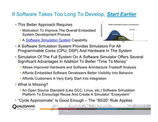 If Software Takes Too Long To Develop, Start Earlier
 • This Better Approach Requires
    Motivation To Improve The Overall Embedded
    System Development Process
    A Software Simulation System Capability
 • A Software Simulation System Provides Simulators For All
   Programmable Cores (CPU, DSP) And Hardware In The System
 • Simulation Of The Full System On A Software Simulator Offers Several
   Significant Advantages In Addition To Better “Time To Money”
    Allows Improved Hardware and Software Architecture Tradeoff Analysis
    Affords Embedded Software Developers Better Visibility Into Behavior
    Affords Customers A Very Early Start Into Integration
 • What Is Missing?
    An Open Source Standard (Like GCC, Linux, etc.) Software Simulation
    Platform To Encourage Reuse And Create A Simulator “Ecosystem”
 • “Cycle Approximate” Is Good Enough – The “80/20” Rule Applies

                              PAGE 38
 