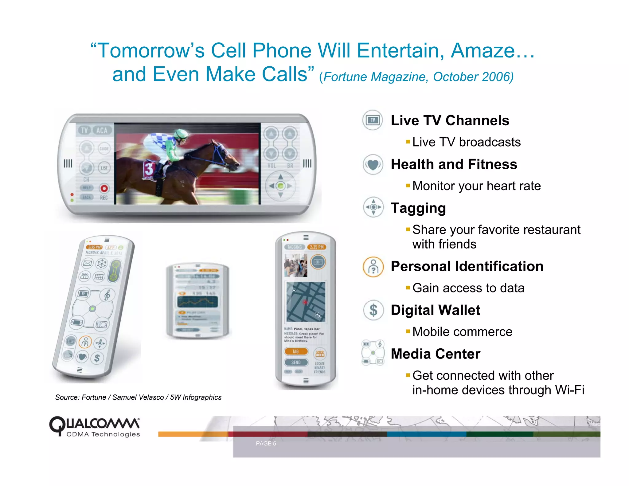 “Tomorrow’s Cell Phone Will Entertain, Amaze…
            and Even Make Calls” (Fortune Magazine, October 2006)

                                                              Live TV Channels
                                                                 Live TV broadcasts
                                                              Health and Fitness
                                                                 Monitor your heart rate
                                                              Tagging
                                                                 Share your favorite restaurant
                                                                 with friends
                                                              Personal Identification
                                                                 Gain access to data
                                                              Digital Wallet
                                                                 Mobile commerce
                                                              Media Center
                                                                 Get connected with other
Source: Fortune / Samuel Velasco / 5W Infographics
                                                                 in-home devices through Wi-Fi



                                                     PAGE 5
 