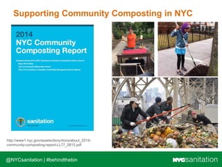 @NYCsanitation | #behindthebin
Supporting Community Composting in NYC
http://www1.nyc.gov/assets/dsny/docs/about_2014-
community-composting-report-LL77_0815.pdf
 