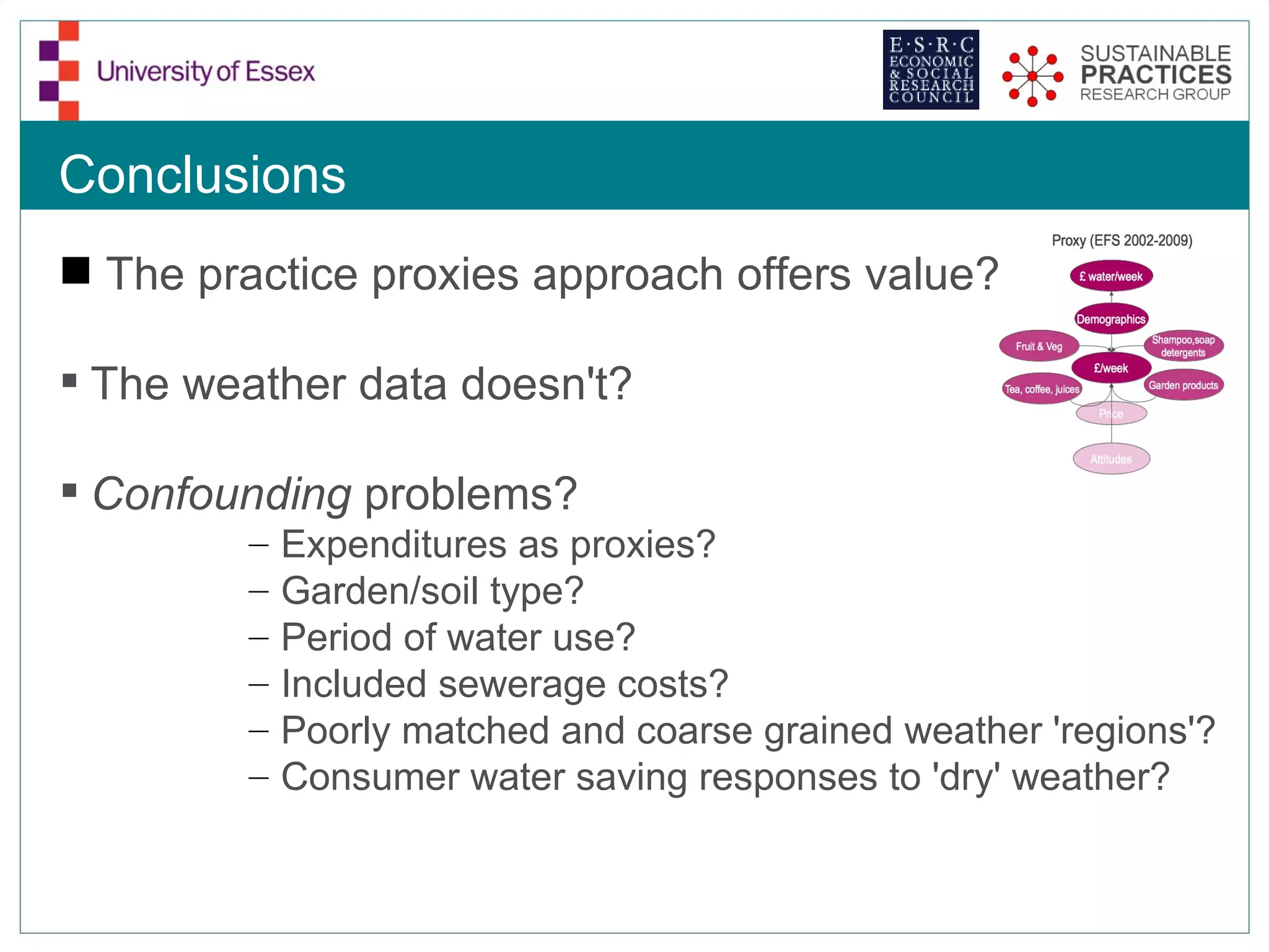Conclusions
 The practice proxies approach offers value?

 The weather data doesn't?

 Confounding problems?
         –   Expenditures as proxies?
         –   Garden/soil type?
         –   Period of water use?
         –   Included sewerage costs?
         –   Poorly matched and coarse grained weather 'regions'?
         –   Consumer water saving responses to 'dry' weather?
 