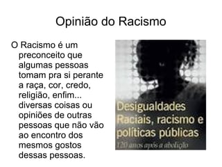 Opinião do Racismo
O Racismo é um
preconceito que
algumas pessoas
tomam pra si perante
a raça, cor, credo,
religião, enfim...
diversas coisas ou
opiniões de outras
pessoas que não vão
ao encontro dos
mesmos gostos
dessas pessoas.

 