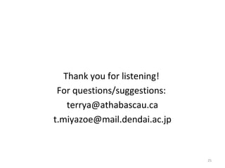 Thank you for listening!
For questions/suggestions:
terrya@athabascau.ca
t.miyazoe@mail.dendai.ac.jp
25
 