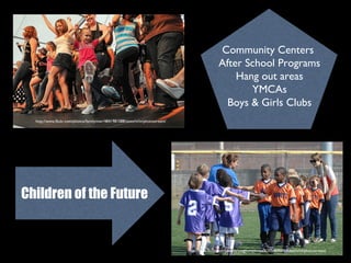 Community Centers
After School Programs
Hang out areas
YMCAs
Boys & Girls Clubs
http://www.flickr.com/photos/familymwr/4841981088/sizes/m/in/photostream/

Children of the Future

http://www.flickr.com/photos/usaghumphreys/6205469009/sizes/m/in/photostream/

 