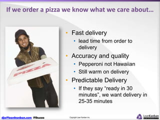 If we order a pizza we know what we care about…
• Fast delivery
• lead time from order to
delivery

• Accuracy and quality...