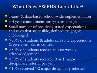 What Does SWPBS Look Like?What Does SWPBS Look Like?
 Team- & data-based school-wide implementation
 3-4 year commitment for systems change
 Small number of positively stated expectations
and rules that are visible, defined, taught, &
encouraged
 >80% of students & adults can state expectations
& give examples in context
 >80% of students receive at least weekly
acknowledgement
 >80% of students received 0 or 1 major
disciplinary referral per year
 <10% received >2 major disciplinary referrals
 