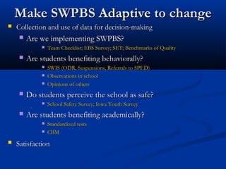 Make SWPBSMake SWPBS AdaptiveAdaptive to changeto change
 Collection and use of data for decision-makingCollection and use of data for decision-making
 Are we implementing SWPBS?Are we implementing SWPBS?
 Team Checklist; EBS Survey; SET; Benchmarks of QualityTeam Checklist; EBS Survey; SET; Benchmarks of Quality
 Are students benefiting behaviorally?Are students benefiting behaviorally?
 SWIS (ODR, Suspensions, Referrals to SPED)SWIS (ODR, Suspensions, Referrals to SPED)
 Observations in schoolObservations in school
 Opinions of othersOpinions of others
 Do students perceive the school as safe?Do students perceive the school as safe?
 School Safety Survey; Iowa Youth SurveySchool Safety Survey; Iowa Youth Survey
 Are students benefiting academically?Are students benefiting academically?
 Standardized testsStandardized tests
 CBMCBM
 SatisfactionSatisfaction
 