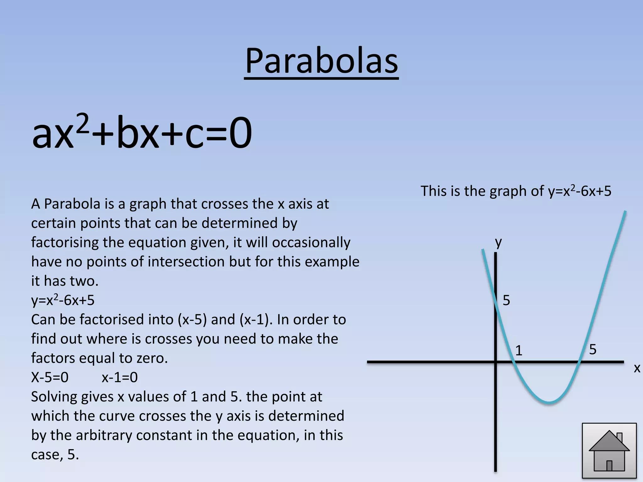 Parabolas
ax 2+bx+c=0
                                                       This is the graph of y=x2-6x+5
A Parabola is a graph that crosses the x axis at
certain points that can be determined by
factorising the equation given, it will occasionally              y
have no points of intersection but for this example
it has two.
y=x2-6x+5                                                             5
Can be factorised into (x-5) and (x-1). In order to
find out where is crosses you need to make the
                                                                          1      5
factors equal to zero.
                                                                                        x
X-5=0       x-1=0
Solving gives x values of 1 and 5. the point at
which the curve crosses the y axis is determined
by the arbitrary constant in the equation, in this
case, 5.
 