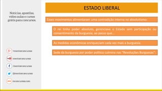 ESTADO LIBERAL
O rei tinha poder absoluto, gerenciava o Estado sem participação ou
consentimento da burguesia, ao passo que...
Esses movimentos alimentaram uma contradição interna no absolutismo:
As medidas econômicas enriqueciam cada vez mais a burguesia.
Sede da burguesia por poder político culmina nas “Revoluções Burguesas”:
 