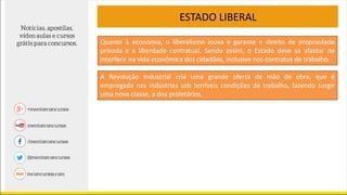 ESTADO LIBERAL
A Revolução Industrial cria uma grande oferta de mão de obra, que é
empregada nas indústrias sob terríveis condições de trabalho, fazendo surgir
uma nova classe, a dos proletários.
Quanto à economia, o liberalismo louva e garante o direito de propriedade
privada e a liberdade contratual. Sendo assim, o Estado deve se afastar de
interferir na vida econômica dos cidadãos, inclusive nos contratos de trabalho.
 