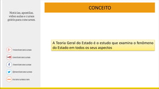 CONCEITO
A Teoria Geral do Estado é o estudo que examina o fenômeno
do Estado em todos os seus aspectos
 