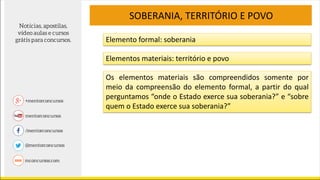 SOBERANIA, TERRITÓRIO E POVO
Elemento formal: soberania
Elementos materiais: território e povo
Os elementos materiais são compreendidos somente por
meio da compreensão do elemento formal, a partir do qual
perguntamos “onde o Estado exerce sua soberania?” e “sobre
quem o Estado exerce sua soberania?”
 