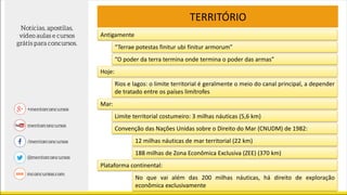 TERRITÓRIO
Antigamente
“Terrae potestas finitur ubi finitur armorum”
“O poder da terra termina onde termina o poder das armas”
Hoje:
Rios e lagos: o limite territorial é geralmente o meio do canal principal, a depender
de tratado entre os países limítrofes
Mar:
Limite territorial costumeiro: 3 milhas náuticas (5,6 km)
Convenção das Nações Unidas sobre o Direito do Mar (CNUDM) de 1982:
12 milhas náuticas de mar territorial (22 km)
188 milhas de Zona Econômica Exclusiva (ZEE) (370 km)
Plataforma continental:
No que vai além das 200 milhas náuticas, há direito de exploração
econômica exclusivamente
 