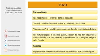 POVO
Por nascimento – critérios para concessão:
“Jus soli”: é cidadão quem nasce no território do Estado
“Jus sanguini”: é cidadão quem nasce de família originária do Estado
Por naturalização: é cidadão quem, apesar de não ter adquirido a
nacionalidade por nascimento, preenche outras condições exigidas
pelo Estado
Apátrida
Aquele que não tem nacionalidade reconhecida por Estado algum.
Nacionalidade
 