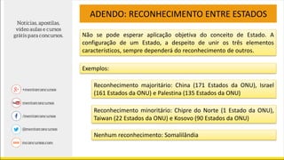 ADENDO: RECONHECIMENTO ENTRE ESTADOS
Não se pode esperar aplicação objetiva do conceito de Estado. A
configuração de um Estado, a despeito de unir os três elementos
característicos, sempre dependerá do reconhecimento de outros.
Exemplos:
Reconhecimento majoritário: China (171 Estados da ONU), Israel
(161 Estados da ONU) e Palestina (135 Estados da ONU)
Reconhecimento minoritário: Chipre do Norte (1 Estado da ONU),
Taiwan (22 Estados da ONU) e Kosovo (90 Estados da ONU)
Nenhum reconhecimento: Somalilândia
 