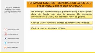 FORMAS DE GOVERNO – QUALIDADE DO CARGO QUE
REPRESENTA A SOBERANIA DO ESTADO
Na monarquia constitucional (ou parlamentarista), o rei é apenas
chefe de Estado, mas não de governo. Ele representa
simbolicamente o Estado, mas não dita os rumos do governo.
Chefe de Estado: representa o Estado do ponto de vista simbólico.
Chefe de governo: administra o Estado.
 