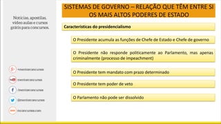 SISTEMAS DE GOVERNO – RELAÇÃO QUE TÊM ENTRE SI
OS MAIS ALTOS PODERES DE ESTADO
Características do presidencialismo
O Presidente acumula as funções de Chefe de Estado e Chefe de governo
O Presidente não responde politicamente ao Parlamento, mas apenas
criminalmente (processo de impeachment)
O Presidente tem mandato com prazo determinado
O Presidente tem poder de veto
O Parlamento não pode ser dissolvido
 