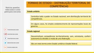 FORMAS DE ESTADO – DISTRIBUIÇÃO TERRITORIAL DE
COMPETÊNCIAS
Estado unitário
Centraliza todo o poder no Estado nacional, sem distribuição territorial de
competências.
Em alguns casos, há simples estabelecimento de representações locais do
governo.
Estado regional
Descentralizam competências territorialmente, sem, entretanto, conferir
autonomia às divisões à moda de uma federação.
São um meio termo entre Estado unitário e Estado federal.
 