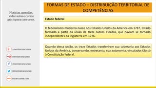 FORMAS DE ESTADO – DISTRIBUIÇÃO TERRITORIAL DE
COMPETÊNCIAS
Estado federal
O federalismo moderno nasce nos Estados Unidos da América em 1787, Estado
formado a partir da união de treze outros Estados, que haviam se tornado
independentes da Inglaterra em 1776.
Quando dessa união, os treze Estados transferiram sua soberania aos Estados
Unidos da América, conservando, entretanto, sua autonomia, vinculados tão só
à Constituição federal.
 