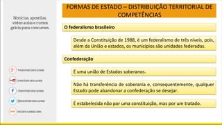 FORMAS DE ESTADO – DISTRIBUIÇÃO TERRITORIAL DE
COMPETÊNCIAS
O federalismo brasileiro
Desde a Constituição de 1988, é um federalismo de três níveis, pois,
além da União e estados, os municípios são unidades federadas.
Confederação
É uma união de Estados soberanos.
Não há transferência de soberania e, consequentemente, qualquer
Estado pode abandonar a confederação se desejar.
É estabelecida não por uma constituição, mas por um tratado.
 