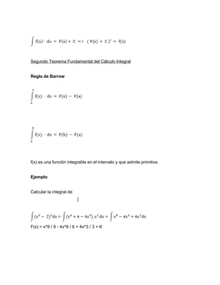 Segundo Teorema Fundamental del Cálculo Integral
Regla de Barrow
f(x) es una función integrable en el intervalo y que admite primitiva.
Ejemplo
Calcular la integral de
]
F(x) = x^9 / 9 - 4x^6 / 6 + 4x^3 / 3 + K
 