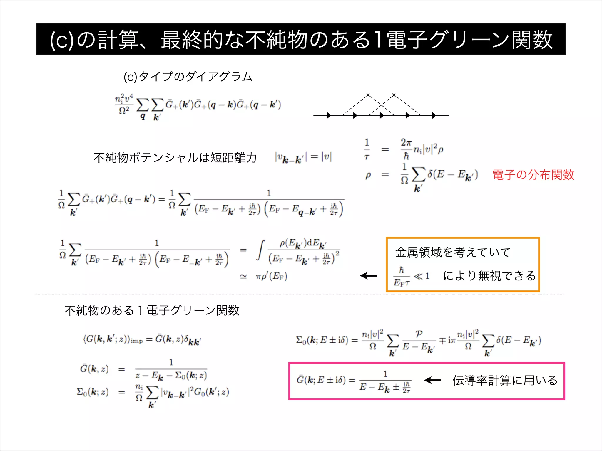 不純物ポテンシャルは短距離力
! !
(c)タイプのダイアグラム
金属領域を考えていて
により無視できる
不純物のある１電子グリーン関数
伝導率計算に用いる
(c)の計算、最終的な不純物のある1電子グリーン関数
電子の分布関数
 