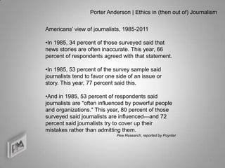Porter Anderson | Ethics in (then out of) Journalism


Americans’ view of journalists, 1985-2011

•In 1985, 34 percent of those surveyed said that
news stories are often inaccurate. This year, 66
percent of respondents agreed with that statement.

•In 1985, 53 percent of the survey sample said
journalists tend to favor one side of an issue or
story. This year, 77 percent said this.

•And in 1985, 53 percent of respondents said
journalists are "often influenced by powerful people
and organizations." This year, 80 percent of those
surveyed said journalists are influenced—and 72
percent said journalists try to cover up their
mistakes rather than admitting them.
                              Pew Research, reported by Poynter




                                                                  3
 