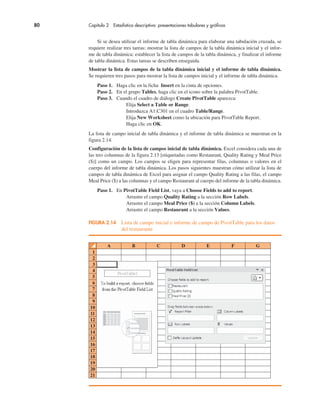 80 Capítulo 2 Estadística descriptiva: presentaciones tabulares y gráficas
A B C D E F G
1
2
3
4
5
6
7
8
9
10
11
12
13
14
15
16
17
18
19
20
21
FIGURA 2.14 Lista de campo inicial e informe de campo de PivotTable para los datos
del restaurante
Si se desea utilizar el informe de tabla dinámica para elaborar una tabulación cruzada, se
requiere realizar tres tareas: mostrar la lista de campos de la tabla dinámica inicial y el infor-
me de tabla dinámica; establecer la lista de campos de la tabla dinámica, y finalizar el informe
de tabla dinámica. Estas tareas se describen enseguida.
Mostrar la lista de campos de la tabla dinámica inicial y el informe de tabla dinámica.
Se requieren tres pasos para mostrar la lista de campos inicial y el informe de tabla dinámica.
Paso 1. Haga clic en la ficha Insert en la cinta de opciones.
Paso 2. En el grupo Tables, haga clic en el icono sobre la palabra PivotTable.
Paso 3. Cuando el cuadro de diálogo Create PivotTable aparezca:
Elija Select a Table or Range.
Introduzca A1:C301 en el cuadro Table/Range.
Elija New Worksheet como la ubicación para PivotTable Report.
Haga clic en OK.
La lista de campo inicial de tabla dinámica y el informe de tabla dinámica se muestran en la
figura 2.14.
Configuración de la lista de campos inicial de tabla dinámica. Excel considera cada una de
las tres columnas de la figura 2.13 [etiquetadas como Restaurant, Quality Rating y Meal Price
($)] como un campo. Los campos se eligen para representar filas, columnas o valores en el
cuerpo del informe de tabla dinámica. Los pasos siguientes muestran cómo utilizar la lista de
campos de tabla dinámica de Excel para asignar el campo Quality Rating a las filas, el campo
Meal Price ($) a las columnas y el campo Restaurant al cuerpo del informe de la tabla dinámica.
Paso 1. En PivotTable Field List, vaya a Choose Fields to add to report.
Arrastre el campo Quality Rating a la sección Row Labels.
Arrastre el campo Meal Price ($) a la sección Column Labels.
Arrastre el campo Restaurant a la sección Values.
 