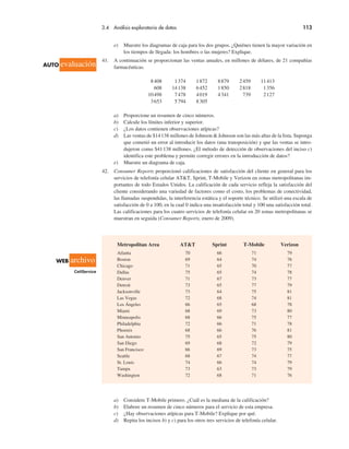 3.4 Análisis exploratorio de datos 113
Metropolitan Area AT&T Sprint T-Mobile Verizon
Atlanta 70 66 71 79
Boston 69 64 74 76
Chicago 71 65 70 77
Dallas 75 65 74 78
Denver 71 67 73 77
Detroit 73 65 77 79
Jacksonville 73 64 75 81
Las Vegas 72 68 74 81
Los Ángeles 66 65 68 78
Miami 68 69 73 80
Minneapolis 68 66 75 77
Philadelphia 72 66 71 78
Phoenix 68 66 76 81
San Antonio 75 65 75 80
San Diego 69 68 72 79
San Francisco 66 69 73 75
Seattle 68 67 74 77
St. Louis 74 66 74 79
Tampa 73 63 73 79
Washington 72 68 71 76
e) Muestre los diagramas de caja para los dos grupos. ¿Quiénes tienen la mayor variación en
los tiempos de llegada: los hombres o las mujeres? Explique.
41. A continuación se proporcionan las ventas anuales, en millones de dólares, de 21 compañías
farmacéuticas.
8408 1374 1872 8879 2459 11413
608 14138 6452 1850 2818 1356
10498 7478 4019 4341 739 2127
3653 5794 8305
a) Proporcione un resumen de cinco números.
b) Calcule los límites inferior y superior.
c) ¿Los datos contienen observaciones atípicas?
d) Las ventas de $14138 millones de Johnson & Johnson son las más altas de la lista. Suponga
que cometió un error al introducir los datos (una transposición) y que las ventas se intro-
dujeron como $41138 millones. ¿El método de detección de observaciones del inciso c)
identifica este problema y permite corregir errores en la introducción de datos?
e) Muestre un diagrama de caja.
42. Consumer Reports proporcionó calificaciones de satisfacción del cliente en general para los
servicios de telefonía celular AT&T, Sprint, T-Mobile y Verizon en zonas metropolitanas im-
portantes de todo Estados Unidos. La calificación de cada servicio refleja la satisfacción del
cliente considerando una variedad de factores como el costo, los problemas de conectividad,
las llamadas suspendidas, la interferencia estática y el soporte técnico. Se utilizó una escala de
satisfacción de 0 a 100, en la cual 0 indica una insatisfacción total y 100 una satisfacción total.
Las calificaciones para los cuatro servicios de telefonía celular en 20 zonas metropolitanas se
muestran en seguida (Consumer Reports, enero de 2009).
a) Considere T-Mobile primero. ¿Cuál es la mediana de la calificación?
b) Elabore un resumen de cinco números para el servicio de esta empresa.
c) ¿Hay observaciones atípicas para T-Mobile? Explique por qué.
d) Repita los incisos b) y c) para los otros tres servicios de telefonía celular.
WEB archivo
CellService
AUTO evaluación
 