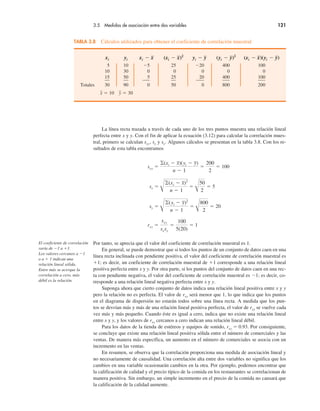 3.5 Medidas de asociación entre dos variables 121
La línea recta trazada a través de cada uno de los tres puntos muestra una relación lineal
perfecta entre x y y. Con el fin de aplicar la ecuación (3.12) para calcular la correlación mues-
tral, primero se calculan sxy, sx y sy. Algunos cálculos se presentan en la tabla 3.8. Con los re-
sultados de esta tabla encontramos
sxy !
!(xi " x)(yi " y)
n " 1
!
200
2
! 100
sx !
!(xi " x)2
n " 1
!
50
2
! 5
sy !
!(yi " y)2
n " 1
!
800
2
! 20
rxy !
sxy
sxsy
!
100
5(20)
! 1
Por tanto, se aprecia que el valor del coeficiente de correlación muestral es 1.
En general, se puede demostrar que si todos los puntos de un conjunto de datos caen en una
línea recta inclinada con pendiente positiva, el valor del coeficiente de correlación muestral es
#1; es decir, un coeficiente de correlación muestral de #1 corresponde a una relación lineal
positiva perfecta entre x y y. Por otra parte, si los puntos del conjunto de datos caen en una rec-
ta con pendiente negativa, el valor del coeficiente de correlación muestral es "1; es decir, co-
rresponde a una relación lineal negativa perfecta entre x y y.
Suponga ahora que cierto conjunto de datos indica una relación lineal positiva entre x y y
pero la relación no es perfecta. El valor de rxy será menor que 1, lo que indica que los puntos
en el diagrama de dispersión no estarán todos sobre una línea recta. A medida que los pun-
tos se desvían más y más de una relación lineal positiva perfecta, el valor de rxy se vuelve cada
vez más y más pequeño. Cuando éste es igual a cero, indica que no existe una relación lineal
entre x y y, y los valores de rxy cercanos a cero indican una relación lineal débil.
Para los datos de la tienda de estéreos y equipos de sonido, rxy ! 0.93. Por consiguiente,
se concluye que existe una relación lineal positiva sólida entre el número de comerciales y las
ventas. De manera más específica, un aumento en el número de comerciales se asocia con un
incremento en las ventas.
En resumen, se observa que la correlación proporciona una medida de asociación lineal y
no necesariamente de causalidad. Una correlación alta entre dos variables no significa que los
cambios en una variable ocasionarán cambios en la otra. Por ejemplo, podemos encontrar que
la calificación de calidad y el precio típico de la comida en los restaurantes se correlacionan de
manera positiva. Sin embargo, un simple incremento en el precio de la comida no causará que
la calificación de la calidad aumente.
xi yi xi " x (xi " x)2
yi " y (yi " y)2
(xi " x)(yi " y)
5 10 "5 25 "20 400 100
10 30 0 0 0 0 0
15 50 5 25 20 400 100
Totales 30 90 0 50 0 800 200
x ! 10 y ! 30
TABLA 3.8 Cálculos utilizados para obtener el coeficiente de correlación muestral
El coeficiente de correlación
varía de "1 a #1.
Los valores cercanos a "1
o a # 1 indican una
relación lineal sólida.
Entre más se acerque la
correlación a cero, más
débil es la relación.
 