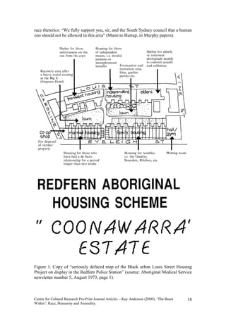 race rhetorics: “We fully support you, sir, and the South Sydney council that a human
zoo should not be allowed in this area” (Mann to Hartup, in Murphy papers).




Figure 1. Copy of “seriously defaced map of the Black urban Louis Street Housing
Project on display in the Redfern Police Station” (source: Aboriginal Medical Service
newsletter number 5, August 1973, page 1).



Centre for Cultural Research Pre-Print Journal Articles – Kay Anderson (2000): ‘The Beast   18
Within’: Race, Humanity and Animality.
 