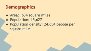 Demographics 
● Area: .634 square miles 
● Population: 15,627 
● Population density: 24,654 people per 
square mile 
 