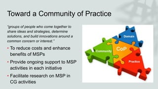 Toward a Community of Practice
“groups of people who come together to
share ideas and strategies, determine
solutions, and...