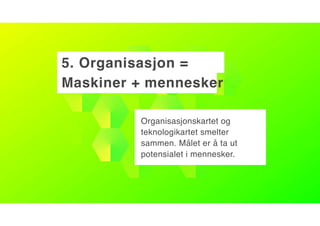 5. Organisasjon =  
Maskiner + mennesker
Organisasjonskartet og
teknologikartet smelter
sammen. Målet er å ta ut
potensialet i mennesker.
 