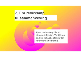 7. Fra revirkamp  
til sammenveving
Åpne partnerskap blir et
strategisk fortrinn. Verdiflyten
endres. Tekniske standarder
forenkler samhandling.
 
