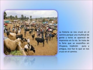 La historia se nos cruzó en el camino porque una multitud de gente y toros se apareció de improviso en la vía. Se trata de la feria que se escenifica en Chupaca, tradición  pura y antigua, eso fue lo que se nos cruzo en el camino. 