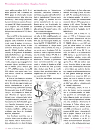 UNIVERSIDADE E SOCIEDADE162 Ano XII, Nº 29, março de 2003
çou o saldo acumulado de R$ 8 mi-
lhões (passaria a R$ 13 milhões em
1999, graças à remuneração recorde
dos investimentos em dólar feitos pela
instituição). Como essa pujança refle-
tiu-se em termos de repasses financei-
ros para a USP? Muito modestamente:
só há registro, nos documentos da
própria FIA, do repasse de R$ 0,88 mi-
lhão para a universidade (1,35% da re-
ceita).
Atuam, na USP, ainda, duas dezenas
de fundações “de apoio” de médio e
pequeno porte, em termos de receita,
e cuja escala de ganhos vem crescen-
do nos últimos anos. A maior e mais
conhecida desse grupo é a Fundação
Vanzolini (FCAV), vinculada ao Depar-
tamento de Engenharia de Produção
da Escola Politécnica, e que arrecadou
R$ 12,5 milhões em 2000, repassando
à USP só R$ 0,468 milhão (3,7% da
receita), ao passo que os pagamentos
a pessoas físicas e jurídicas somaram
R$ 6,1 milhões (49%). Note-se que,
em 1997, a FCAV arrecadou menos, R$
11,2 milhões, mas pagou mais a pes-
soas físicas e jurídicas: R$ 6,7 milhões
(60% da receita).
A situação das fundações privadas
“de apoio” tornou-se indefensável, do
ponto de vista da argumentação que
sempre desenvolveram, a partir do
momento em que a Coordenadoria de
Administração Geral da USP (Codage)
divulgou, a contragosto, os dados ofi-
ciais referentes aos repasses pratica-
dos por essas entidades (vide tabela
completa na Revista Adusp 24, p. 134).
Isso ocorreu no dia 9/10/2001, quan-
do o Conselho Universitário tomou co-
nhecimento, pela primeira vez, dos
montantes recolhidos à USP, por essas
entidades, por força da Resolução
4543/98, da Reitoria.
Essa Resolução determina que a
unidade “deverá reter no mínimo 10%
e no máximo 50% do numerário rece-
bido pelo docente”, em decorrência da
participação deste em “atividades de
assessoria, consultoria, convênios e
contratos”, e que deverá recolher à Rei-
toria “o equivalente a 5% desse nume-
rário” (artigo 1º). Embora isso não
conste explicitamente do texto da
Resolução, no caso de atividades de-
senvolvidas por docentes em funda-
ções privadas “de apoio”, cabe a estas
fazer o respectivo repasse.
Os dados da Codage informam que,
até julho de 2001, só 21 fundações pri-
vadas “de apoio” repassavam verbas à
USP, das 30 listadas pela Reitoria, no
Jornal da USP (27/8-2/9/2001, p. 10-
11). Estranhamente, a Codage omitiu
os dados relativos a 1998, ano em que,
de acordo com a Resolução 4543, de-
veriam ter início os repasses sistemáti-
cos. Na circular Codage 099/98, lê-se
claramente: “Devem ser recolhidos à
Reitoria e às Unidades os percentuais
sobre convênios/contratos em vigor
desde a edição da Resolução 4543,
em 20 de março de 1998, que ainda
não o tenham sido. Todos os recolhi-
mentos ainda pendentes devem ser
regularizados até a data limite de 30
de novembro de 1998”.
Tal circular foi assinada pelo profes-
sor Hélio Nogueira da Cruz, então coor-
denador da Codage (e hoje vice-reitor
da USP). No caso de pelo menos uma
das fundações privadas “de apoio”, a
Fundace, já se sabe que ela não realizou
repasse à USP, em 1998, apesar da re-
ceita de R$ 2,2 milhões (Fundace, Re-
latório de Atividades 1999, fornecido
pela Promotoria de Fundações de Ri-
beirão Preto).
De acordo com os dados da Co-
dage, em 1999, as 21 fundações priva-
das “de apoio” repassaram à USP um
total de R$ 9,106 milhões; em 2000,
R$ 13,248 milhões; e, em 2001, até
julho, R$ 6,614 milhões. O total no
período soma R$ 28,96 milhões. O or-
çamento da USP foi de R$ 918 mi-
lhões, em 1999, e R$ 1,173 bilhão em
2000. Conclui-se que os repasses das
21 fundações privadas, nesses dois
anos, equivalem a, respectivamente,
apenas 1% e 1,5% do total do orça-
mento da universidade, e que, desse
modo, essas entidades não financiam
a universidade, ao contrário, transfe-
rem para ela uma fatia deveras mínima
de seus ganhos. Ainda que esse per-
centual venha a crescer de 2001 em
diante, por força da pressão da comu-
nidade, será sempre inferior à “parte
do leão” que cabe às entidades, pois
tal é a lógica do sistema.
Há indicações, porém, de que as
cifras da Codage, mesmo desfavorá-
veis às fundações privadas “de apoio”,
são passíveis de contestação, para
baixo. Algumas delas não coincidem
sequer com os próprios dados declara-
dos pelas entidades à Promotoria de
Fundações. A Codage informa que a
FIA recolheu R$ 2,851 milhões à USP,
em 2000, entre taxas de convênios e
repasses à FEA. Mas a informação ofi-
cial da própria fundação é de que o
valor total recolhido foi de R$ 2,3
milhões. A diferença é de R$ 0,5
milhão a menos! Também discrepam,
e muito, as cifras atribuídas aos repas-
Mercantilização do Setor Público: Educação e Previdência
 