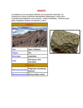 ANDESITA
La andesita es una roca ígnea volcánica de composición intermedia. Su
composición mineral comprende generalmente plagioclasas y varios otros
minerales ferromagnéticos como piroxeno, biotita y hornblenda. También puede
haber cantidades menores de sanidina y cuarzo
ANDESITA
Tipo ignea - Volcánica
Textura fino
Serie ígnea subalcalina
Color
Gris oscuro, Gris
intermedio
MINERALES
Minerales esenciales
Plagioclasa, Hornblenda,
piroxeno
Minerales accesorios Olivino, biotita, Cuarzo
 