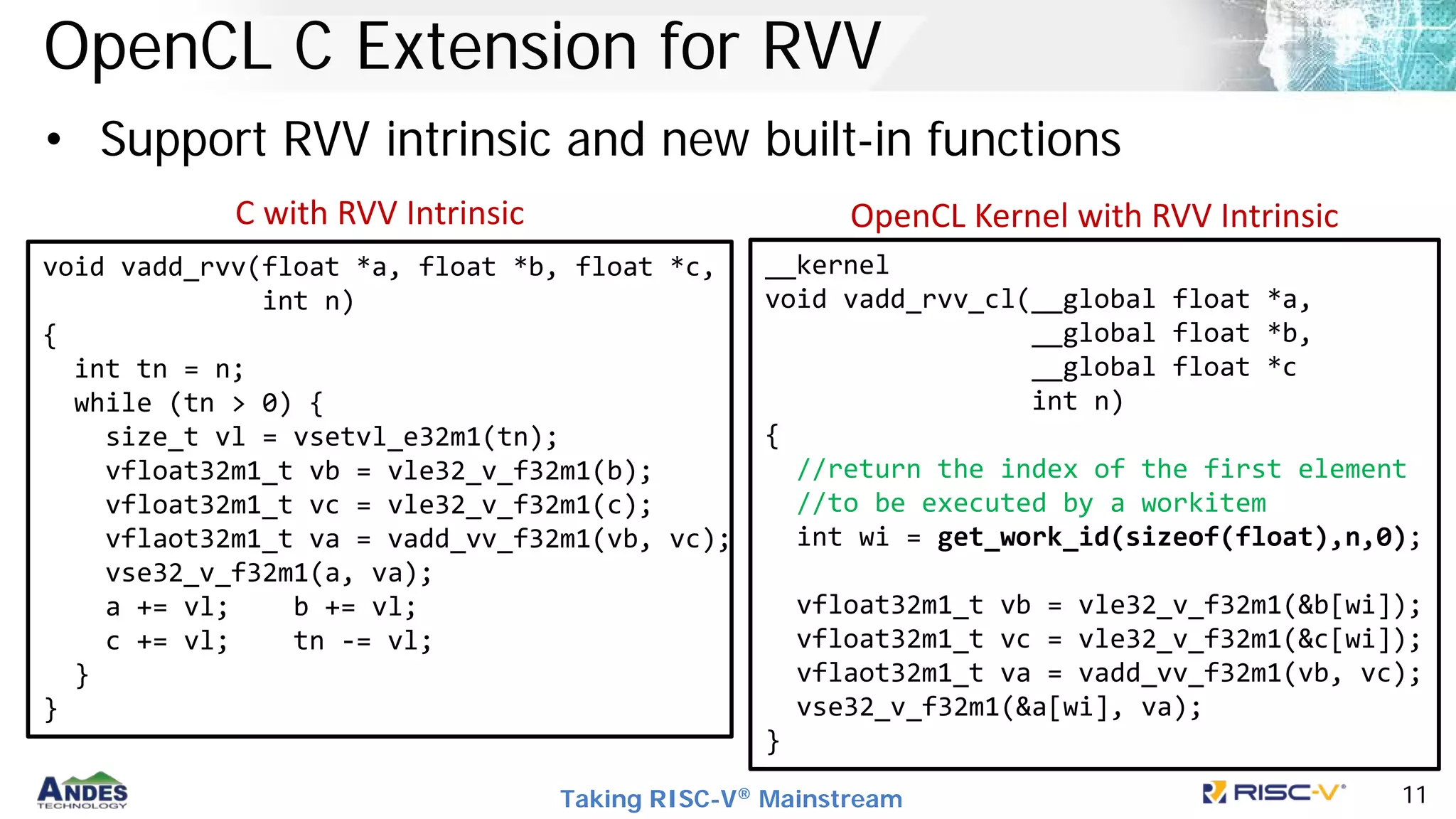 Taking RISC-V® Mainstream 11
OpenCL C Extension for RVV
• Support RVV intrinsic and new built-in functions
__kernel
void vadd_rvv_cl(__global float *a,
__global float *b,
__global float *c
int n)
{
//return the index of the first element
//to be executed by a workitem
int wi = get_work_id(sizeof(float),n,0);
vfloat32m1_t vb = vle32_v_f32m1(&b[wi]);
vfloat32m1_t vc = vle32_v_f32m1(&c[wi]);
vflaot32m1_t va = vadd_vv_f32m1(vb, vc);
vse32_v_f32m1(&a[wi], va);
}
void vadd_rvv(float *a, float *b, float *c,
int n)
{
int tn = n;
while (tn > 0) {
size_t vl = vsetvl_e32m1(tn);
vfloat32m1_t vb = vle32_v_f32m1(b);
vfloat32m1_t vc = vle32_v_f32m1(c);
vflaot32m1_t va = vadd_vv_f32m1(vb, vc);
vse32_v_f32m1(a, va);
a += vl; b += vl;
c += vl; tn -= vl;
}
}
C with RVV Intrinsic OpenCL Kernel with RVV Intrinsic
 