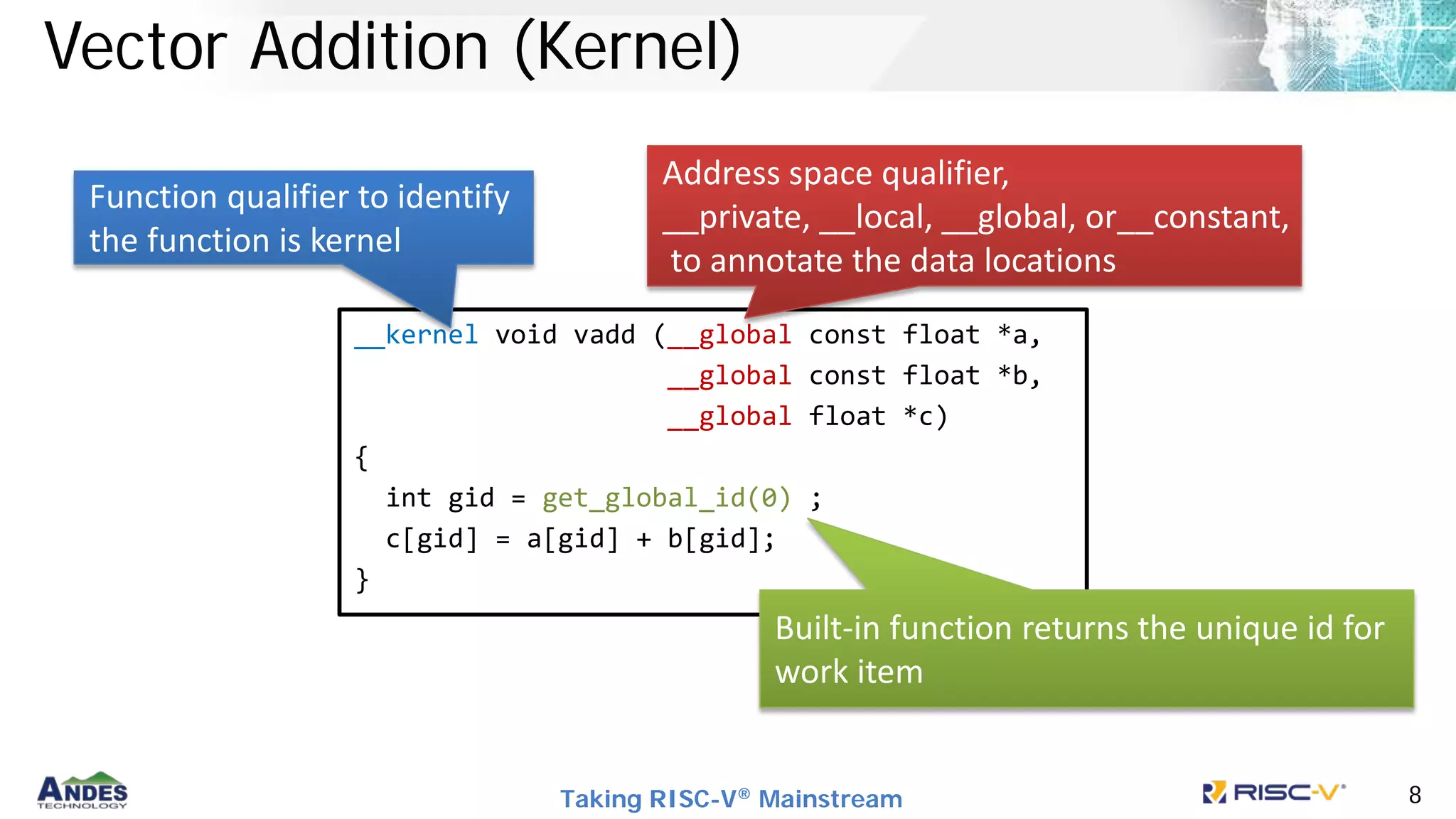 Taking RISC-V® Mainstream 8
Vector Addition (Kernel)
__kernel void vadd (__global const float *a,
__global const float *b,
__global float *c)
{
int gid = get_global_id(0) ;
c[gid] = a[gid] + b[gid];
}
Function qualifier to identify
the function is kernel
Address space qualifier,
__private, __local, __global, or__constant,
to annotate the data locations
Built-in function returns the unique id for
work item
 