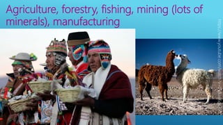 Agriculture, forestry, fishing, mining (lots of
minerals), manufacturing
https://www.youtube.com/watch?v=0S8uw6pk350
 