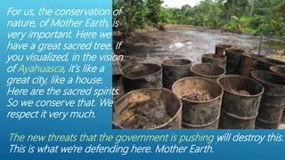 For us, the conservation of
nature, of Mother Earth, is
very important. Here we
have a great sacred tree. If
you visualized, in the vision
of Ayahuasca, it's like a
great city, like a house.
Here are the sacred spirits.
So we conserve that. We
respect it very much.
The new threats that the government is pushing will destroy this.
This is what we're defending here. Mother Earth.
 