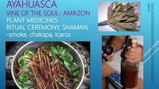 AYAHUASCA
VINE OF THE SOUL- AMAZON
PLANT MEDICINES
RITUAL CEREMONY, SHAMAN
-smoke, chakapa, ícaros
https://anthropology.ua.edu/blogs/gregbatchelder/tag/ayah
uasca/
 