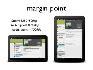 margin point
Xoom: 1280*800dp
switch point = 800dp
margin point = 1000dp
 