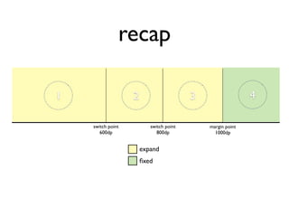 recap

1                  2                     3                  4

    switch point          switch point       margin point
       600dp                 800dp             1000dp


                       expand
                       ﬁxed
 