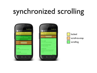 synchronized scrolling

                 locked
                 scroll-to-snap
                 scrolling
 