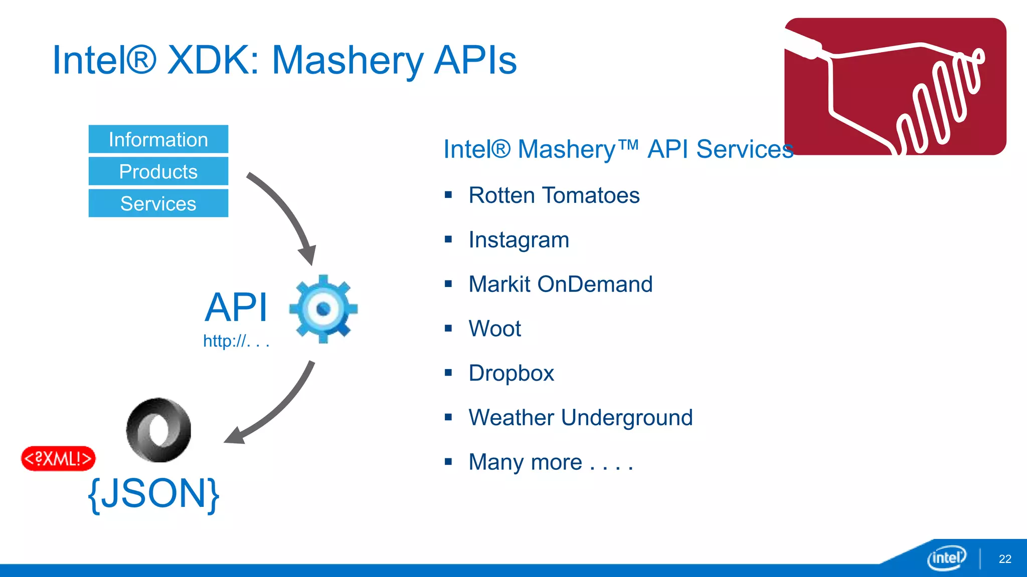 Intel® XDK: Mashery APIs 
22 
Intel® Mashery™ API Services 
 Rotten Tomatoes 
 Instagram 
 Markit OnDemand 
 Woot 
 Dropbox 
 Weather Underground 
 Many more . . . . 
Information 
Products 
Services 
API 
http://. . . 
{JSON} 
 