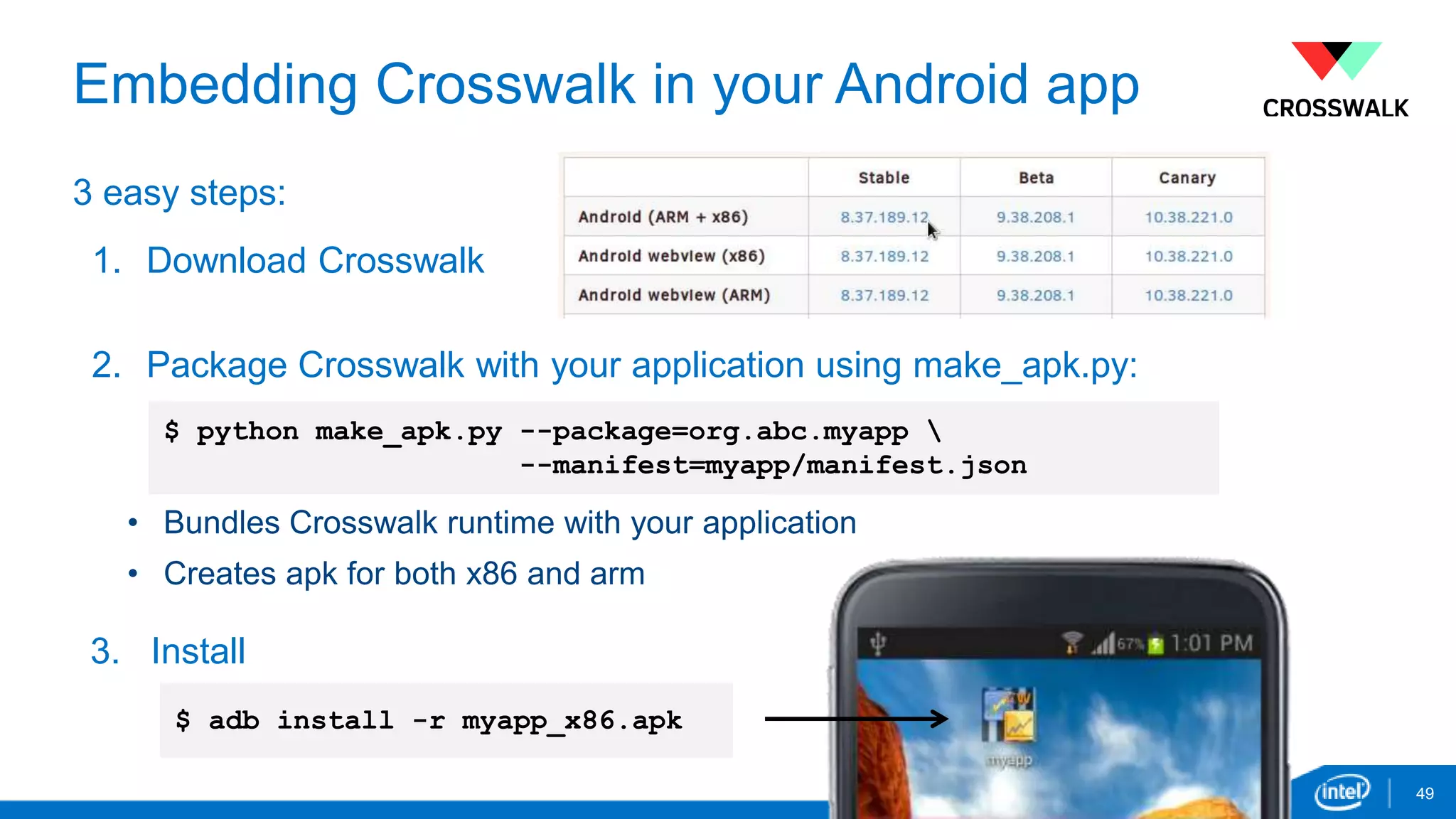 49 
Embedding Crosswalk in your Android app 
3 easy steps: 
1. Download Crosswalk 
2. Package Crosswalk with your application using make_apk.py: 
$ python make_apk.py --package=org.abc.myapp  
• Bundles Crosswalk runtime with your application 
• Creates apk for both x86 and arm 
3. Install 
--manifest=myapp/manifest.json 
$ adb install -r myapp_x86.apk 
 