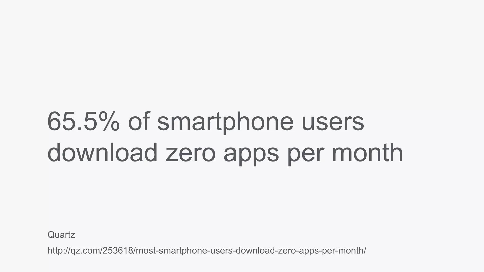 65.5% of smartphone users
download zero apps per month
Quartz
http://qz.com/253618/most-smartphone-users-download-zero-apps-per-month/
 